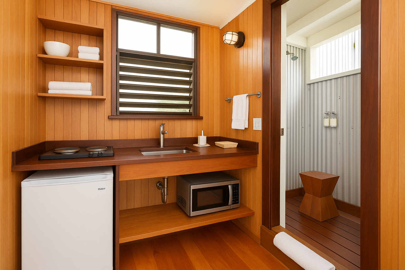 Kitchenette with cooktop, sink, microwave and mini fridge