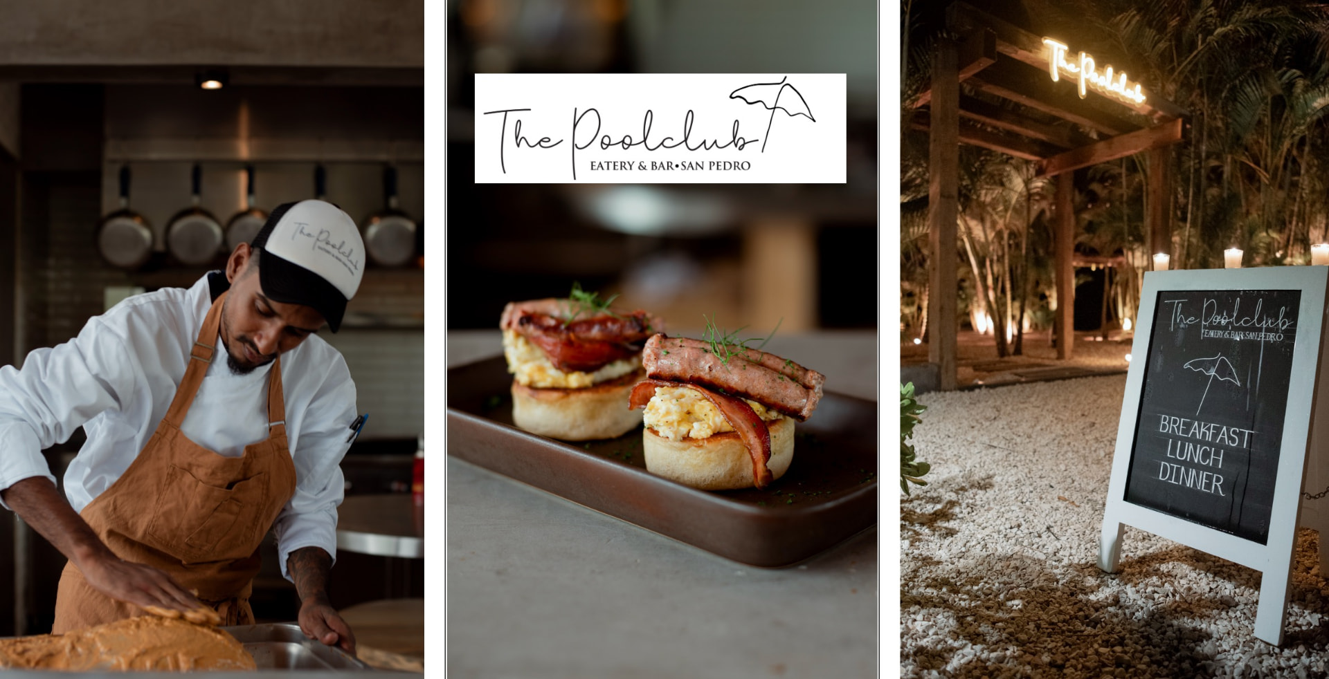 Pool Club kitchen, breakfast plating and evening entrance sign